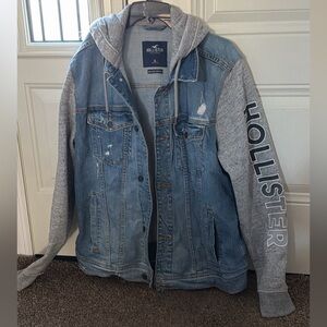 Hollister Blue Denim Hooded Jacket with Gray Sleeves, size XL
